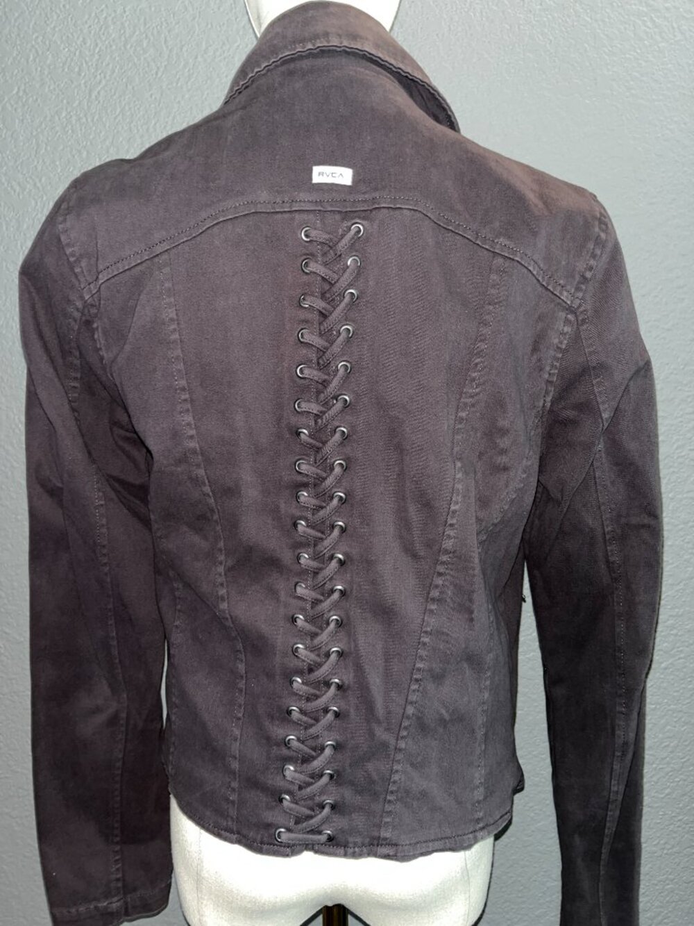 RVCA NATURE X INDUSTRY Agnes Corset Lace Up Back Denim Moto Jacket Slate Grey -M